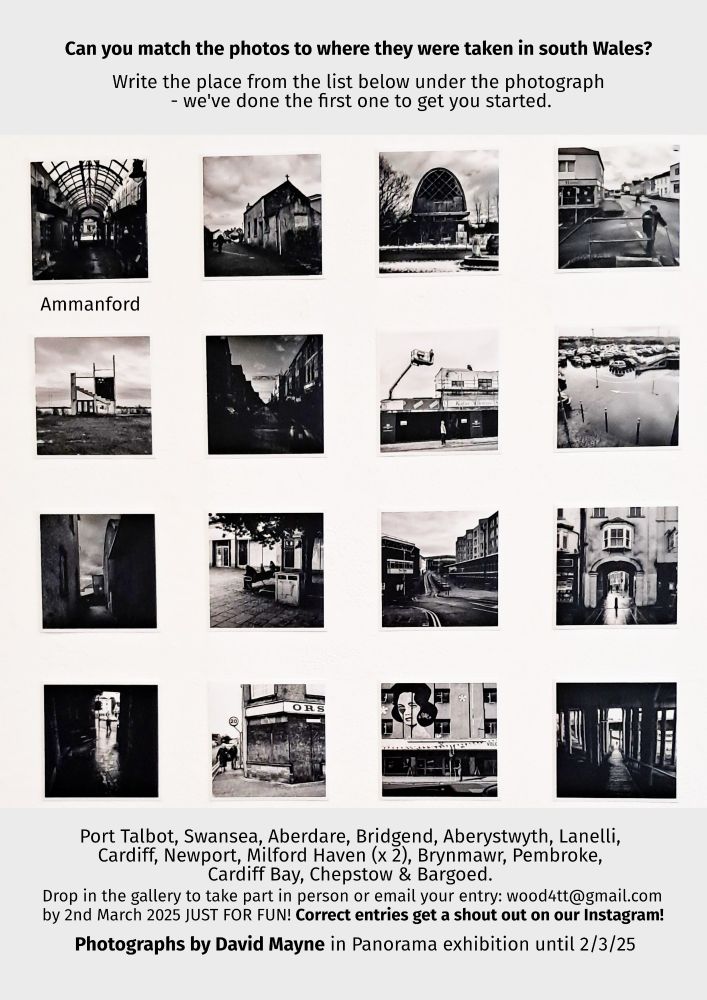 A grid of 16 square photographs in a 4 by 4 pattern. Photographs are of streetscapes. Text above photos says can you match the photos to where they were taken in south Wales? Write the place from below under the photograph we've done the first one to get you started. Below it lists the places. Photos by David Mayne 