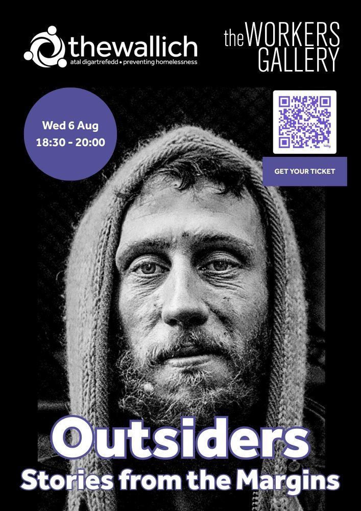 Poster for Outsiders Stories from the Margins event at the Workers Gallery with The Wallich. Black & white photo depicts head & shoulders of Stephen in dark jacket with lighter coloured wool hoodie. Photo by Marc Davenant 