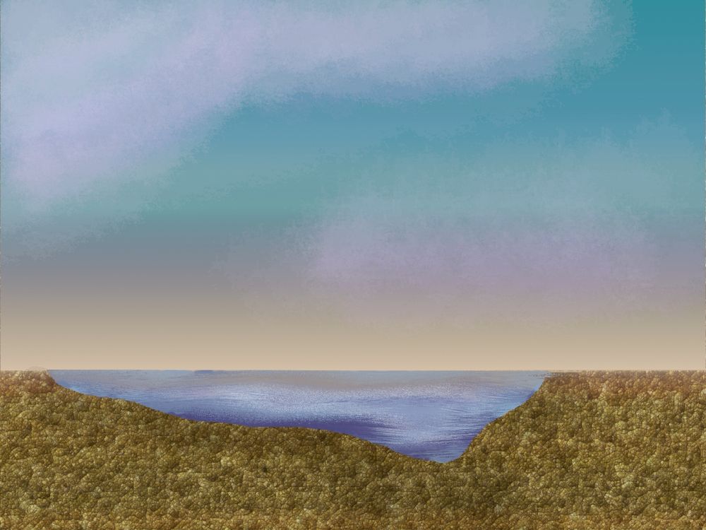 An odd and unsettling drawing of a beach that somehow almost looks like a collage, with very textured sand or dirt, a few wispy lavenderish gray clouds against a muddy teal-to-pale-yellow sky, and a patch of wobbly, wavy water.