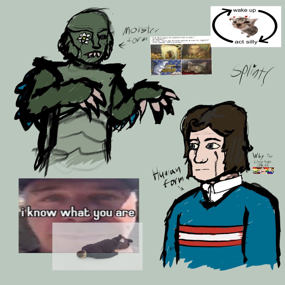 A semi reference sheet of my oc Fritz Splint in an au where he’s the creature from the black lagoon, top left is him in monster form and bottom right is his human form.