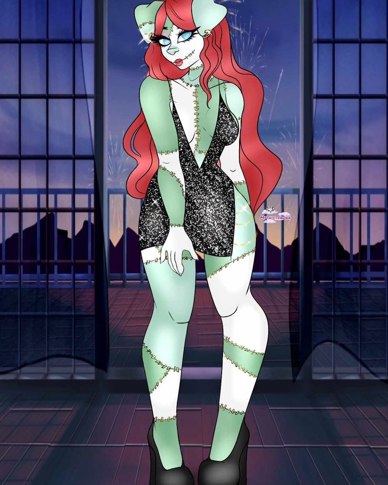 Frankenstein furry girl, full body piece, standing in front of fireworks from the distance, wearing a short black sparkly dress, beautiful long red hair and big blue eyes