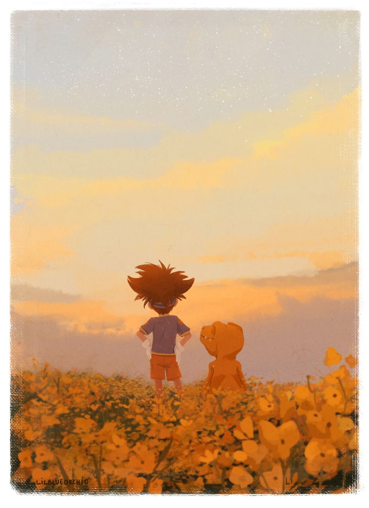 A fanart of Digimon Adventure. Taichi and Agumon are standing next to each other, their back facing us. They are in a field of yellow flowers at sunset. Taichi is looking at the sky, Agumon is looking at Taichi. 