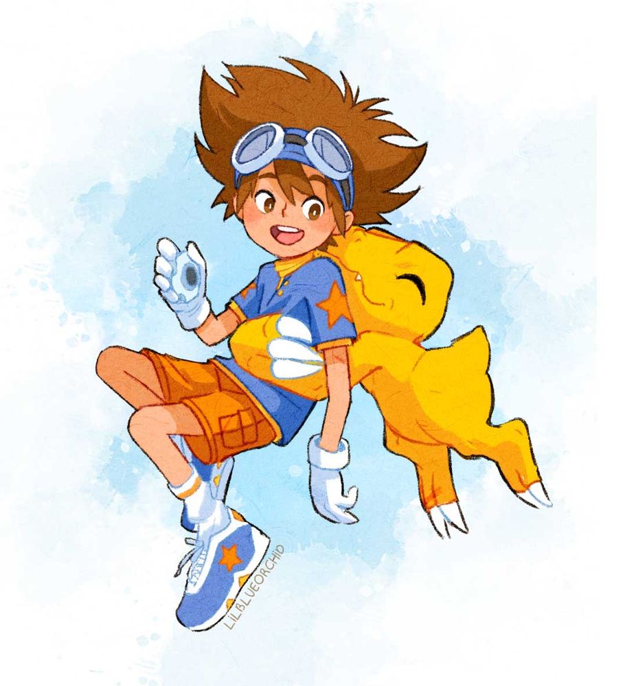 Digimon Adventure Fanart of Agumon hugging from behind a smiling Taichi