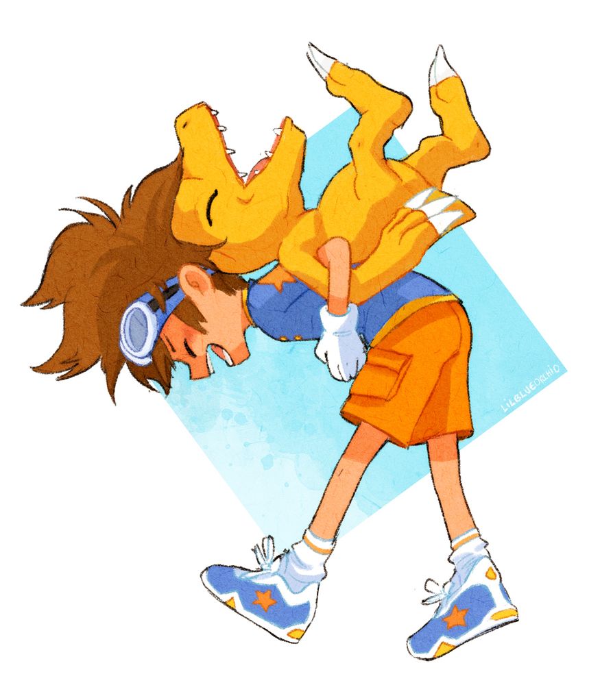 Fanart of Digimon Adventure : Tachi carrying agumon back to back , both are laughing 