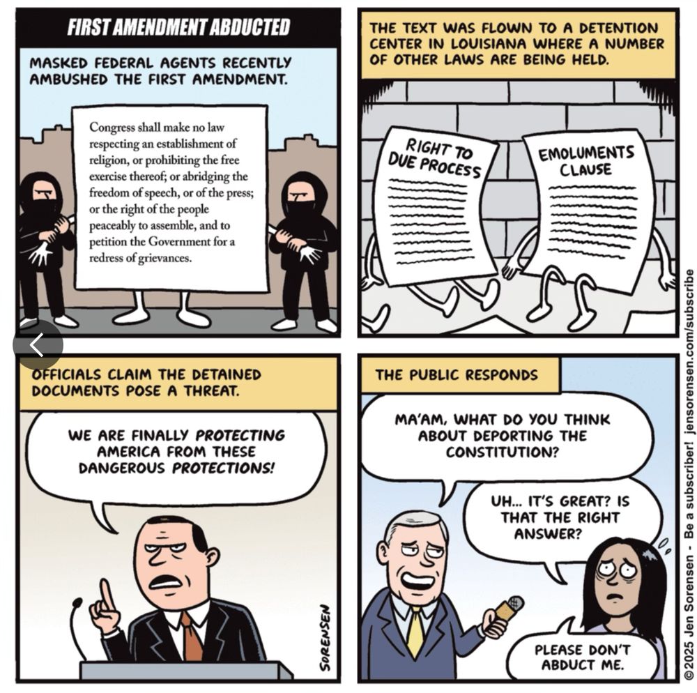 4 panel comic. First panel shows the first amendment being abducted to an internment camp. Second panel shows the rights to due process and the emoluments clause also in the camp. Third panel shows a politician arguing that we need to protect America from the constitution. Final panel shows a reporter asking a woman her thoughts on deporting the constitution and she hesitantly responding “uh… it’s great? Is that the right answer?” followed by “please don’t abduct me.”