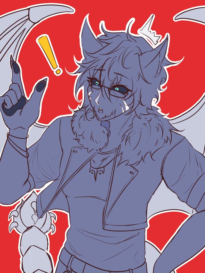 Krepta the manticore vtuber character snapping his fingers with a look of sudden understanding on his face, a eureka moment punctuated by an exclamation point for emphasis.