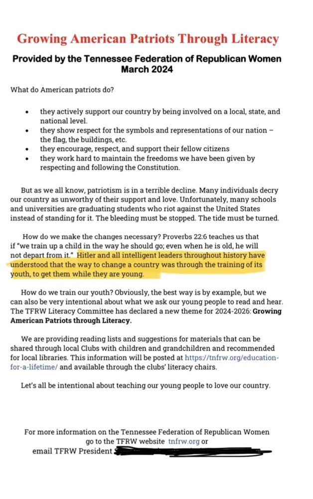 Tenn Fed of Rep Women release a document citing "Hitler and all intelligent leaders throughout history" 