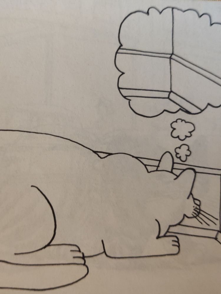 cartoon cat staring at the corner of a baseboard and he's thinking about the baseboard 