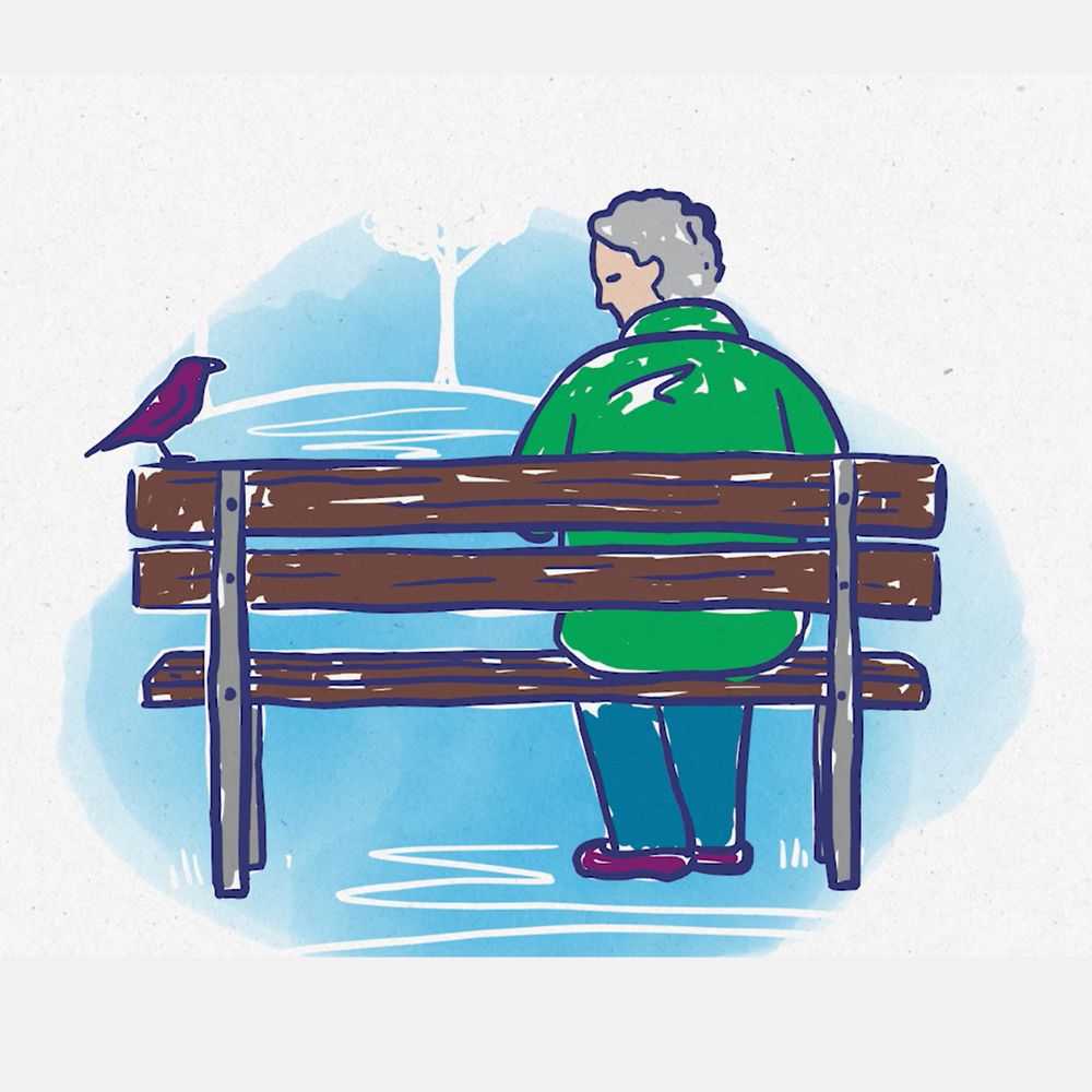 Illustration of an older man sitting on a bench looking at a bird.
