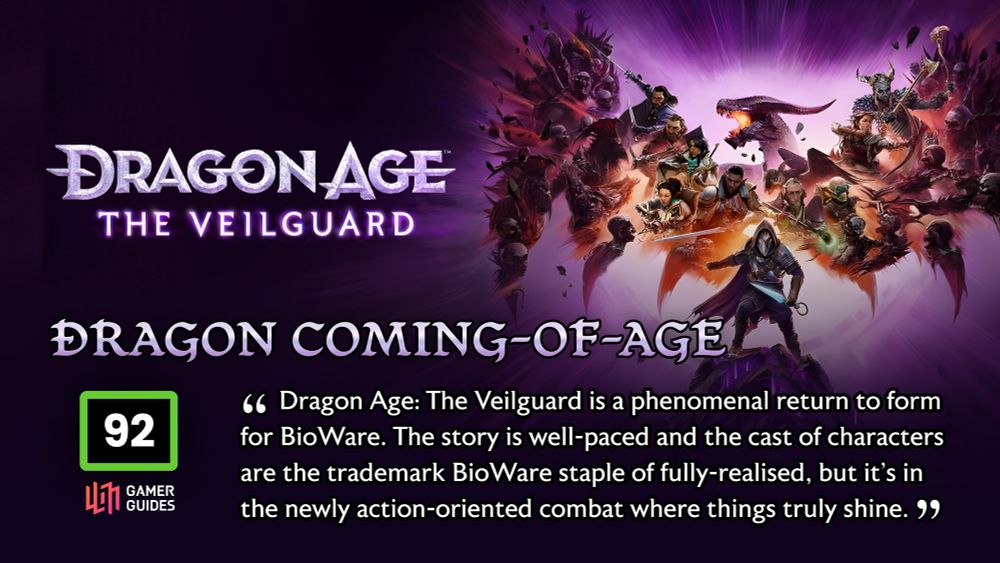 Image of a review verdict for Dragon Age: The Veilguard, with a score of 92/100.