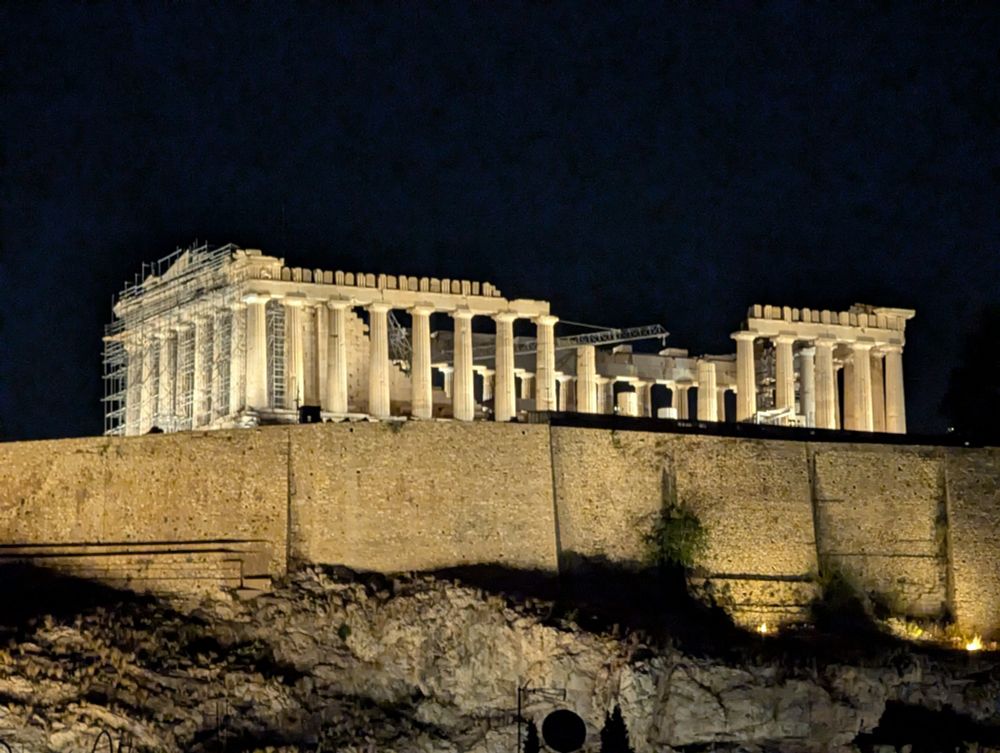 The Parthenon lit up at night