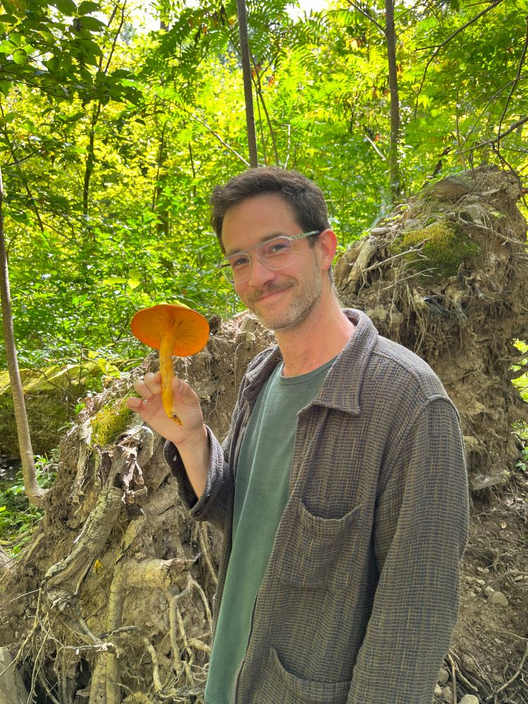 Ian holding a large eastern jack-o’-lantern mushroom in front of a fallen oak tree