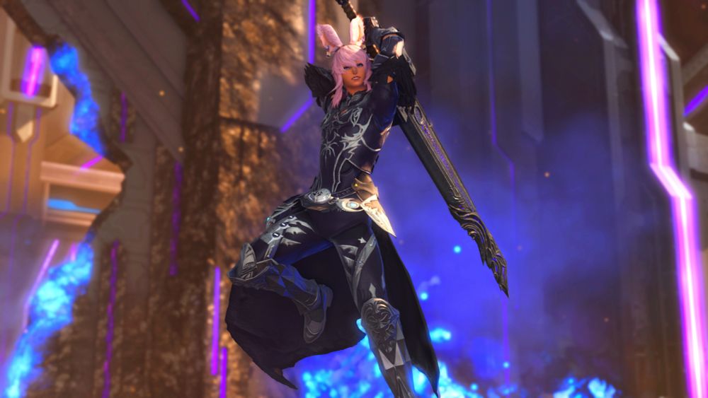 Viera with a Dark Knight sword jumping in the air, ready to attac