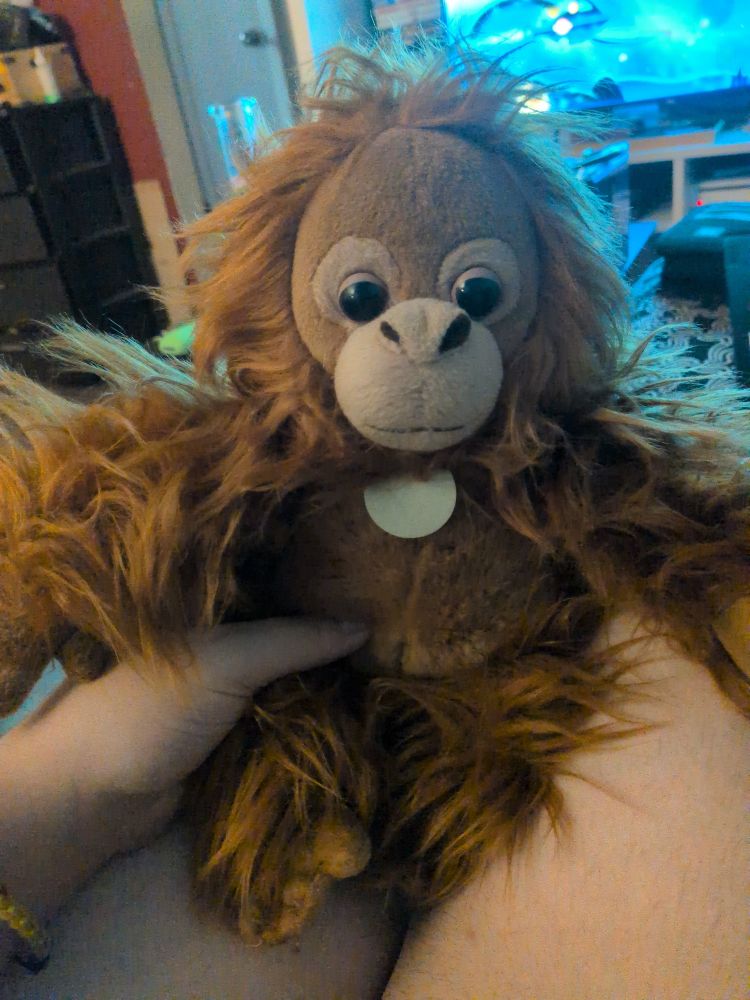 Orangutan plushie with long hair and baby proportions 