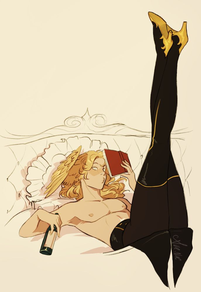 My guy Quinte being a little fruity
Aka: a blonde guy laying in bed holding a book and a bottle of wine, his legs are raised in the air and he’s neglected wearing a shirt.