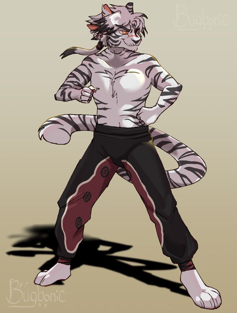 a white tiger anthro with two sets of ears and a long ponytail. he is posed like he's training or fighting, with one leg back and arms raised in fists. he has a smile looking off to the viewer's right and a black shadow beneath him