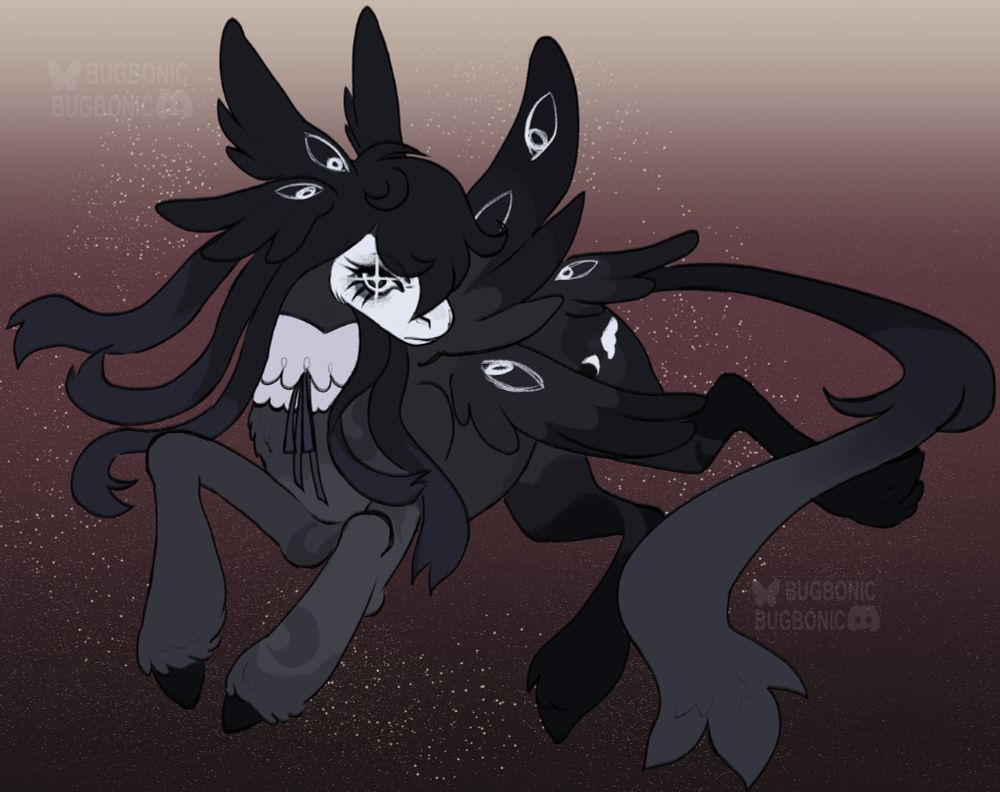 a black and white pegasus pony. she has wings on her head and multiple sets of regular wings, and a small one at the base of her tail. they have eye markings on them that are looking toward the character. she's wearing a frilly neck accessory and is looking with a frown toward the camera, with a sparkle in their eye