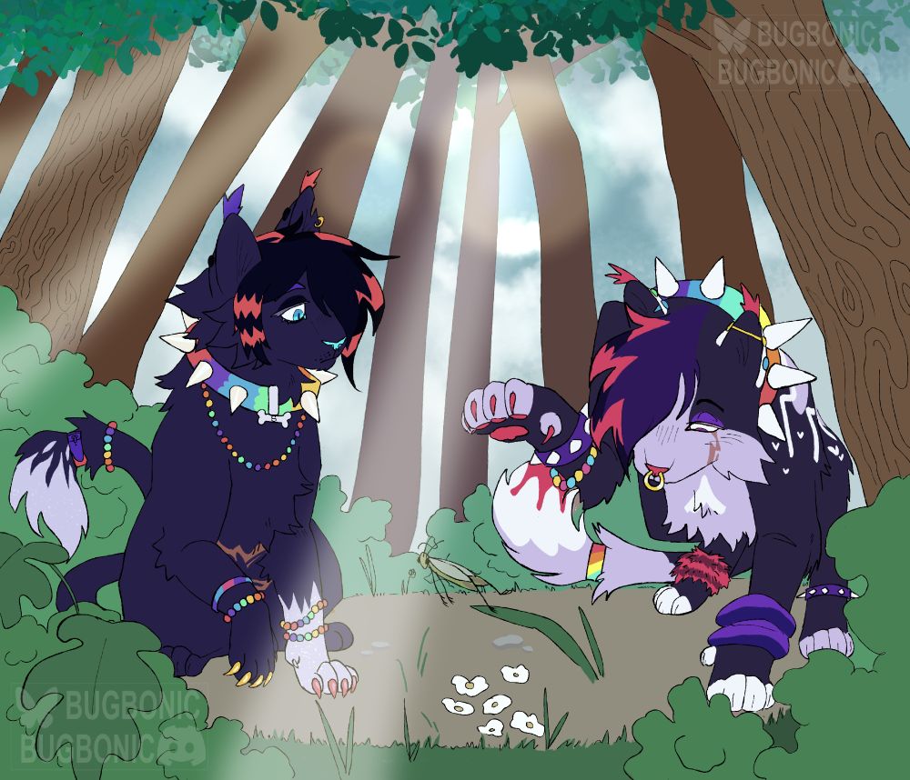 two sparklecats together in the forest. the one on the right has their paw raised, looking at a jumping grasshopper. the other cat is looking at the other cat and grasshopper with his paw raised in the air. sun is shining from the sky above them