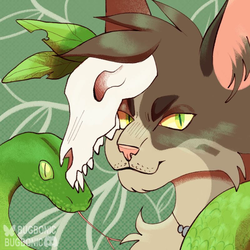 a brown feline character with lighter brown spotting and bright green eyes looks to the camera with a snake curled around his neck. he has a canine skull sitting on the right side of his face with leaves stuck to it