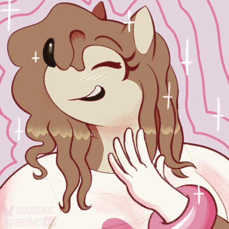 a light brown chubby hedgehog sonic oc. she has wavy hair that comes down to her shoulders and her eyes are closed with a smile on her face. her hand is raised toward her face and there are sparkles surrounding her