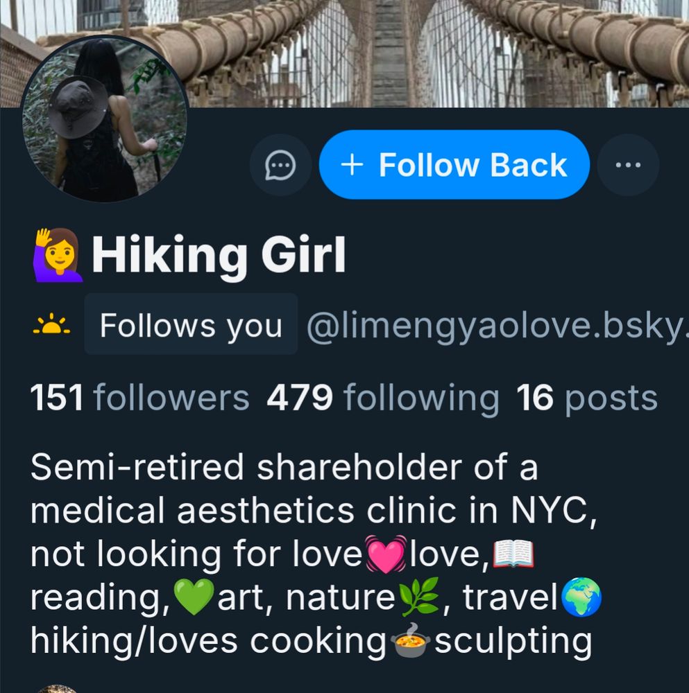 Account:  Hiking Girl, shareholder of a medical aesthetics clinic. Likes include emoji and hashtags in abundance! 