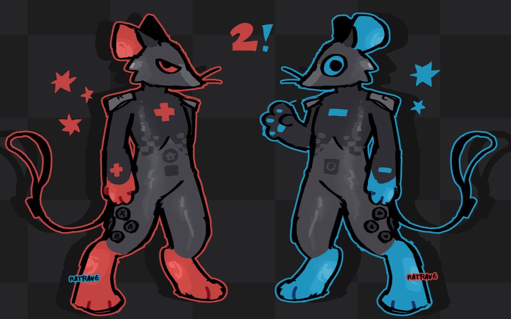 A digital illustration of two cartoon anthropomorphic rats standing next to each other. They are both shades of gray with red and blue accents respectively. The red one has a serious expression and + shaped markings on the chest and arm, and the blue one has widened eyes with - shaped markings.