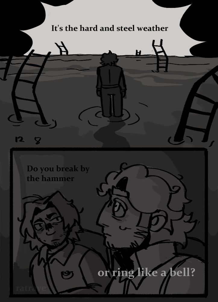 A grayscale comic page. The first panel depicts Curly standing in an ocean, surrounded by ladders, facing the bright sun. The second panel is Curly looking up at a screen while Jimmy looks at him questioningly. The text reads, "It's the hard and steel weather, Do you break by the hammer, or ring like a bell?"
