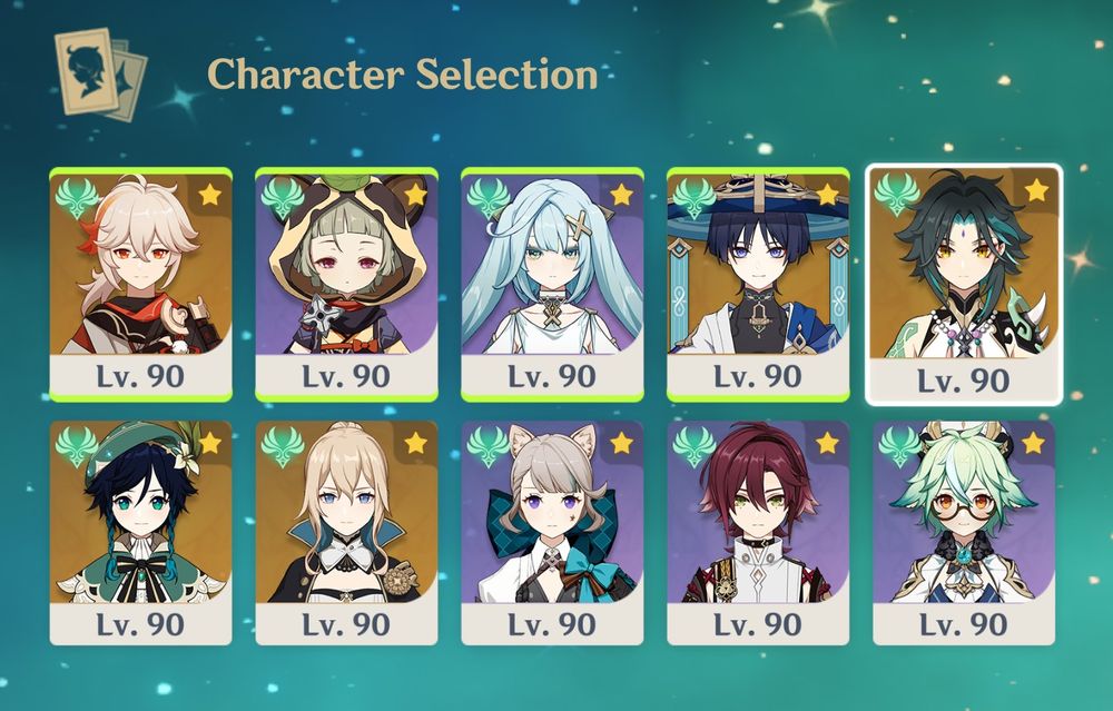 The In-Game Genshin Impact Character Archive, showing all 10 Anemo Characters, completely levelled up to Level 90.