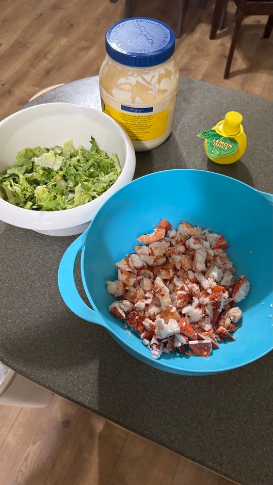 Shredded lettuce, lobster meat, mayonnaise, and lemon juice ready to make lobster rolls. 