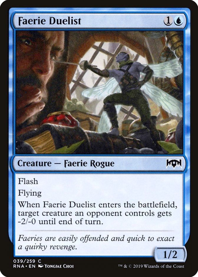 The magic card Faerie Duelist

1U for a 1/2 with flash and flying and ETB give target opponent's creature -2/-0 until end of turn