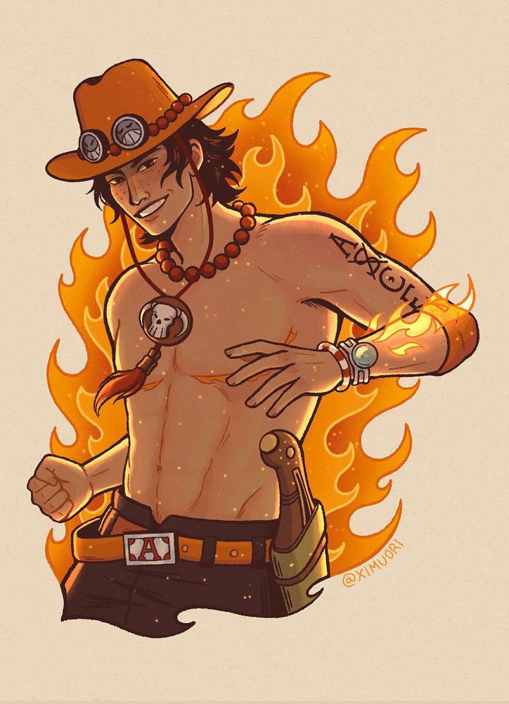 Half-body digital drawing of Ace from One Piece. He is surrounded by stylized flames and is smirking at the viewer. ~