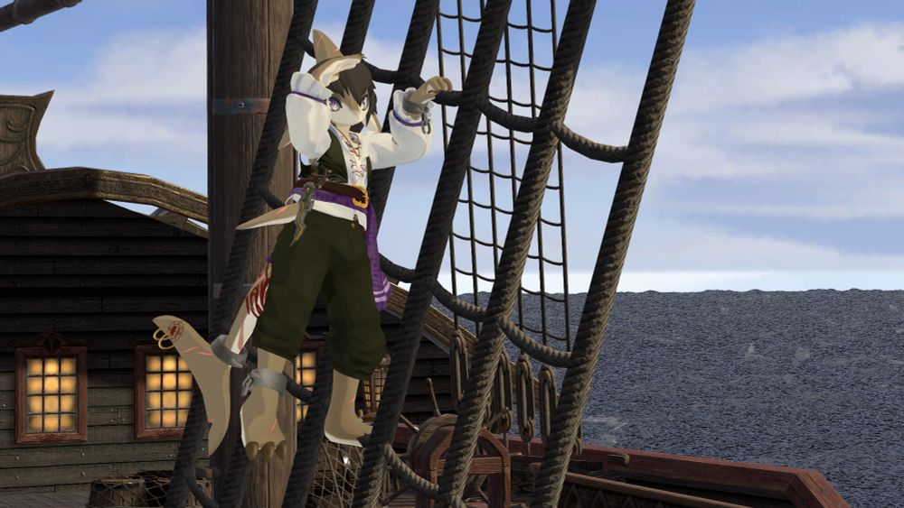 An anthropomorphic lemon shark named Gimphy Blue in a pirate outfit. The shirt is white and ruffly with a dark green vest, purple cloth wrapped around the waist with a brown belt and gold bucking on top, and matching dark green pants. He has dark dusty brown shaggy hair, purple eyes, and various scars on his fins and legs. Gimphy has a red swirly tattoo at the base of his tail and a compass tattoo with a skull in it at the top of his tail fin. He has a jagged knife to his side with yellow engravings on the blade and a handle on the outside with shark teeth on it. Around his neck is a beaded necklace and a single shark tooth necklace. He also has 2 gold hoop tattoos on his tail fin and a broken shackle cuff on the end of his tail, right ankle, and left wrist. Gimphy is standing in the shrouds of a pirate ship, the cross pattern ropes that go up to the masts, looking out to the sea out of frame. 