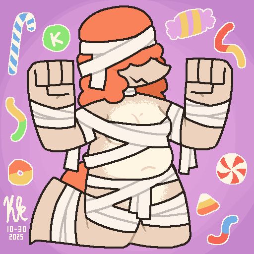 Naudia (he/she/they) on her knees, dressed as a mummy.