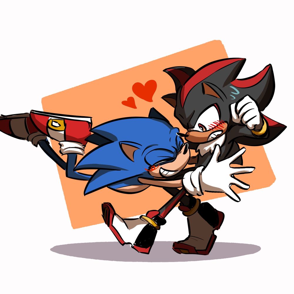 sonic and shadow. sonic is barreling into shadow for a hug with a grin and shadow is taking a cautious step back as he receives the hug with a flustered expression