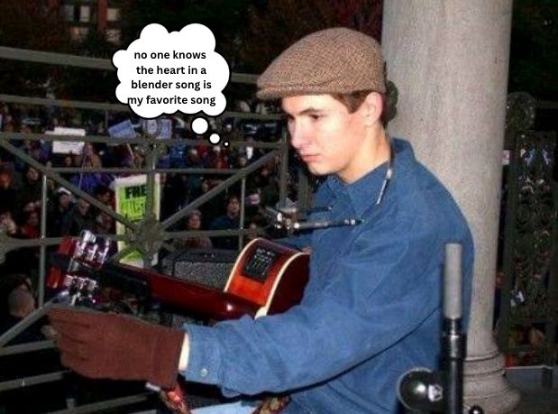 Evan Greer in high school with a thought bubble "no one knows the heart in a blender song is my favorite song"