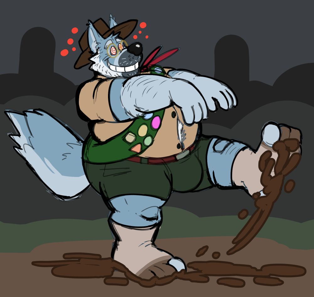 Scoutmaster Heath zombiewalking away from camp in the night, walking through the mud