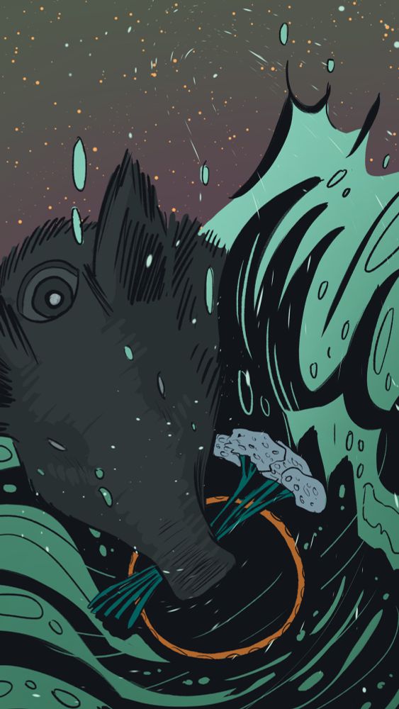 Digital drawing of a boar with extra eyes on its body crashing through waves. Flowers and a coronet are in its mouth