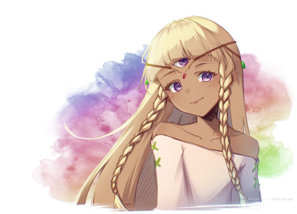 Eupha (character from Metaphor: ReFantazio) in her casual outfit. Watercolour-esque background in evening sky colours.