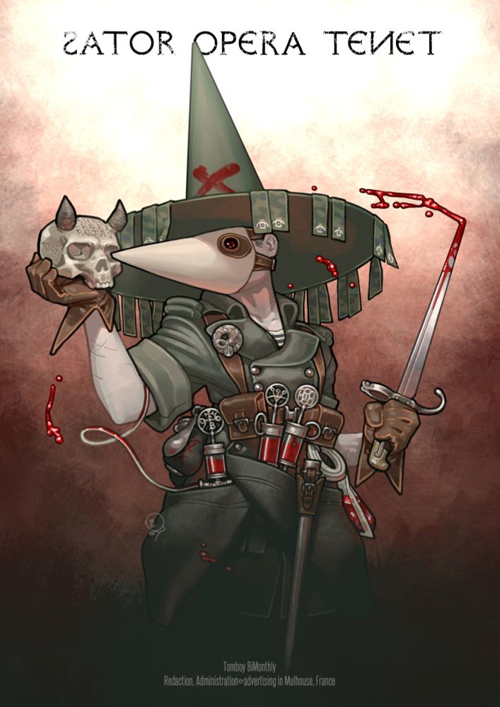 The Halloween picture for 2024 featuring a Vehmic blood witch. She is wearing a khaki green French military greatcoat with a matching conical witch hat, which has camo streamers hanging down from the rim all bearing an eye symbol. The coat is covered with leather webbing from which hang down pouches, but also many blood filled syringes, bags and valves, a bayonet frog and darkly painted grenades adorned with demonic symbols. On her lapel is an Artillerie Spéciale pin of a salamander breathing fire inside a wreath.
Her sleeves are pulled up and you can see small scars on her arms and neck. An IV is running from her many syringes into the crook of her right arm, which is holding in a gloved hand a horned skull whose forehead bears the SATOR square engraved into it. Her other hand is holding a Mle1874 Gras bayonet, point dripping blood in a wide arc.
The picture's header reads SATOR OPERA TENET, which has been considered by occultists/quacks to translate roughly as "the Creator maintains his works".