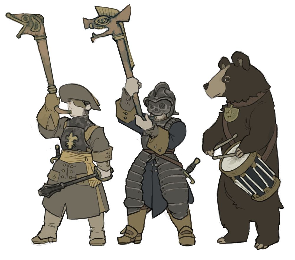 Three Moussillon musicians. The first one is wearing a breastplate over his buffe coat, a cocked hat and an eyepatch. He is armed with a flanged mace and a dagger on his belt while holding a fish-head carnyx with his left hand.
The second one is holding a boar-headed carnyx with both hands, with a sword at his belt. He is wearing a suit of plate armor covering his torso and thighs, and his helmet has a faceplate shaped like a skull with the bottom of his face left open to play his instrument.
The third one is a black bear playing the drum. He has a little bronze collar with a fleur-de-lysed shield because he is a very good boy. He has a widdle tail. Also don't worry he only stands up when sounding a charge I know it's not good for him.