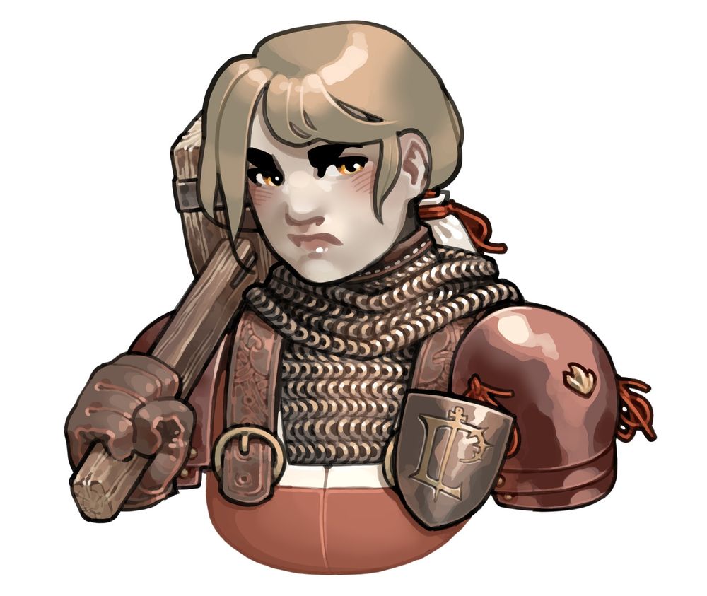 A bust of my character Qsy, a protection paladin from the game World of Warcraft. She is wearing red plate armor over brass maille and carrying a large wooden mallet as a weapon.