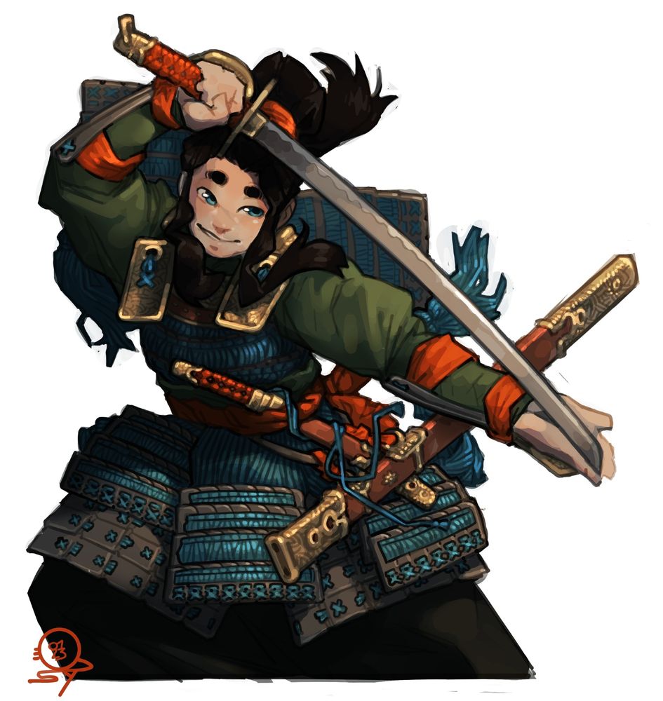The character Sho from the webcomic Knights of the Wandering Castle wearing Japanese Gusoku armor of plain steel with blue lacing, gold accent and bright orange straps. Her main sword is drawn while her shortsword remains sheathed. The pose is dynamic and taken from a woodcut that I didn't save.