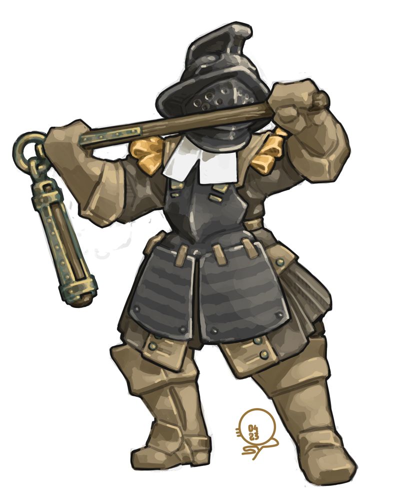 Yet another Moussillonnais soldier wielding a flail with bronze fittings. He is weaing a blackened pikeman armor topped with another one of these tall crested gladiator-inspired helmet, on top of an earthen tone coat.