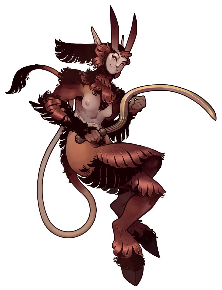 A pinup picture of a satyr woman based on the design of satyrs in Warcraft3, before World of Warcraft and the remaster turned them into angry looking elves with hooves. Remember what they took from us.
She is covered head to hooves in tawny, red and black floofy fur, with her torso, face, ears and fingers being bare. Yes that means her tits are out, grow up we're all enjoying looking at them anyway.
She has long pointy ears, a somewhat feline face going ":3", long lightly curved horns pointing straight up from her face, a long tail ending in a flag, and large goat hooves. She is holding a very long sickle blade.