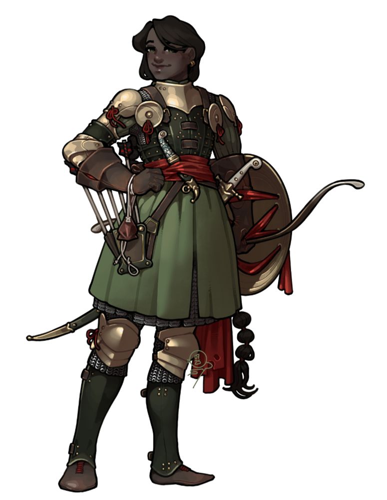 A picture of Shanoa, the customer's character. She is a dark skinned woman with long dark braided hair. She is wearing a brass-accented green textile-covered plate harness, made up of a coat of plates plus arm and leg armor over maille and a green padded tunic, the latter flowing down to her knees over a lamellar skirt. She is carrying a curved dagger in a sheath tucked into a bright red sash on her waist, a sling wrapped around her wrist, and both a quiver and saber on a belt. She is holding a round brass shield and a recurve bow in her left hand.