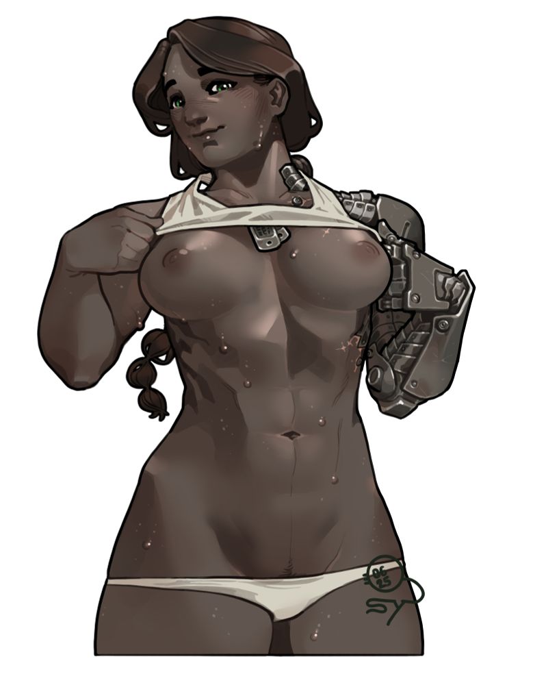 A picture of Shanoa, a tall muscular woman with dark skin and dark brown hair held in a long braid. Her left arm is a sci fi mechanical prosthetic made up of articulated metal plates, right up to her shoulder and neck. She is very sweaty and wearing only low rise panties and a tank top, which she is lifting to show up her tig ol bitties.