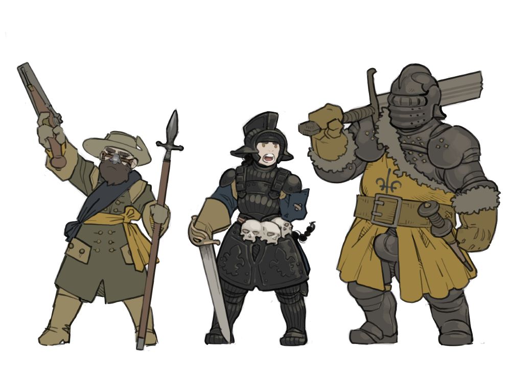Three Moussillon captains. The first one is a captain for a handgunner squad and as such is wearing no armor save for a buffe coat. He is wearing a cocked hat, a sash across his chest and a metal prosthetic nose above a full beard. He has a double barrelled firelock pistol in his right hand and a spontoon in his left.
The second captain is wearing almost head to toe black fluted plate armor, with a matching open-faced murmillo helmet and a belt of vampire skulls. She has long braided hair and a hilted broadsword. Her left arm is missing with her sleeve is pinned above the elbow.
The third captain is an ogre wearing a full suit of plate armor along with a bellow visored helmet, with thick leather gloves and a thick leather apron trimmed with fur like a victorian strongman. He is using a bearing sword as a weapon, which is as tall as a human despite being broken.
