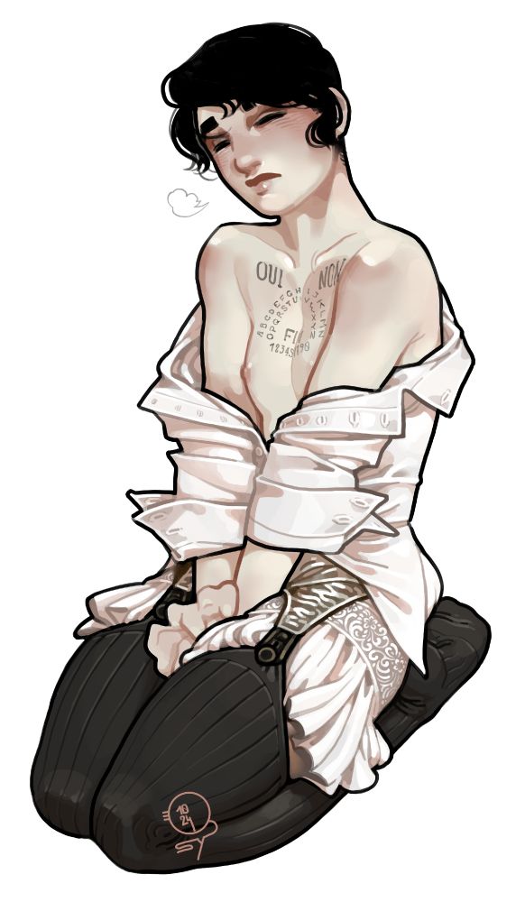 A pinup picture of my character Chandelle, who is a young white woman with short black hair. She is kneeling down looking very eepy, wearing her underwear consisting of an underbust corset holding up black ribbed tights over lace drawers. She is also wearing a large loose button up shirt but it has fallen off both of her shoulders, revealing her a chest which bears a ouija board tattoo.