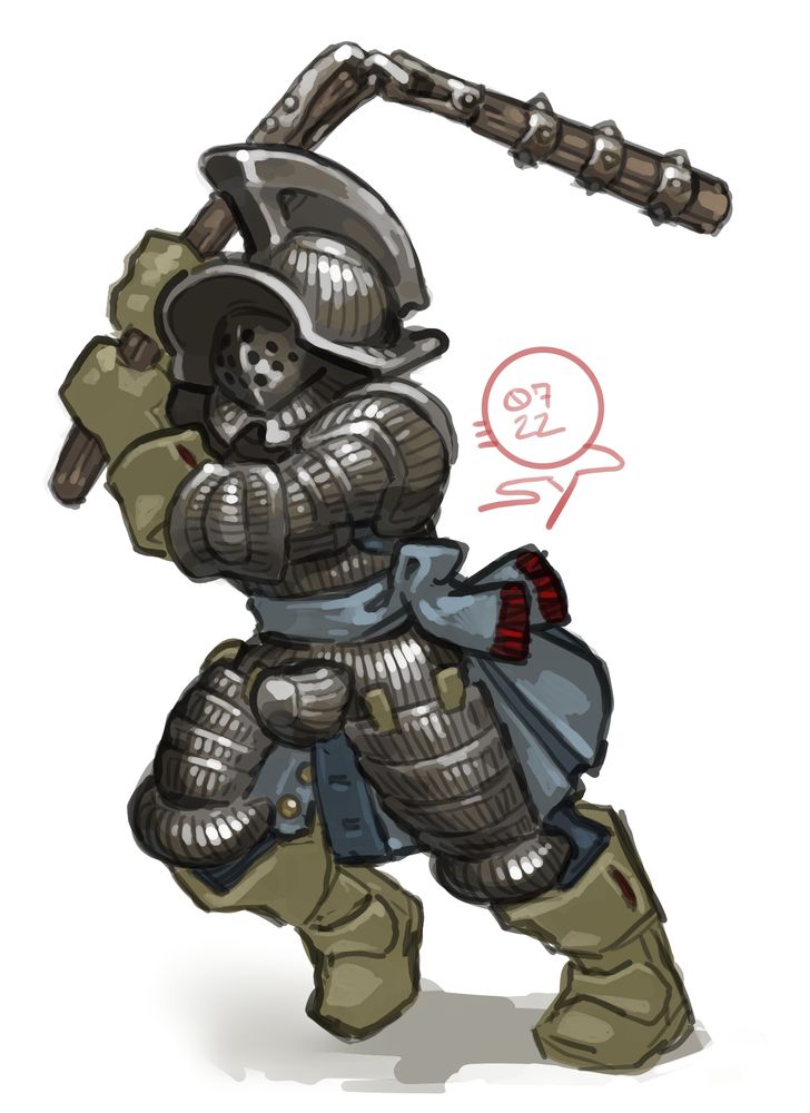 Another Moussillonnais flailman, wearing a demi armor of fluted plate complete with a codpiece and a closed gladiator helmet, on top of a light blue surcoat with a matching sash trimmed with red tassels.