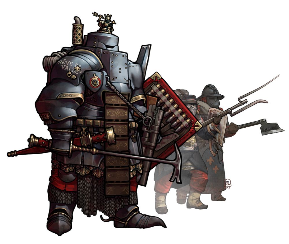 Concept art for Trench Crusade of the French alt for New Antioch exo-armor super heavy infantry. Compared to the base utilitarian design, this one is more strongly reminiscent of an armored knight, being made of many layers of heat treated plates, art deco scales, gilded edged and every joint draped in maille. The great helm is topped by a brass figure of Death holding an arrow and an hourglass. The left pauldron features a large wedge from a Schneider tank meant to cut through barbed wire, while the front of the harness has a length of tank tracks reinforcing it that is damascened with gold wire patterns. The main weapon used is a long all-metal warhammer with an ornate red velvet and brass grip, matching that of the large rondel dagger attached to a plaque belt. The secondary weapon is a 37mm tank gun fitted with a pistol grip and strapped to a chain lanyard, with ammo slipped into loops on the inside of the red kite shield.